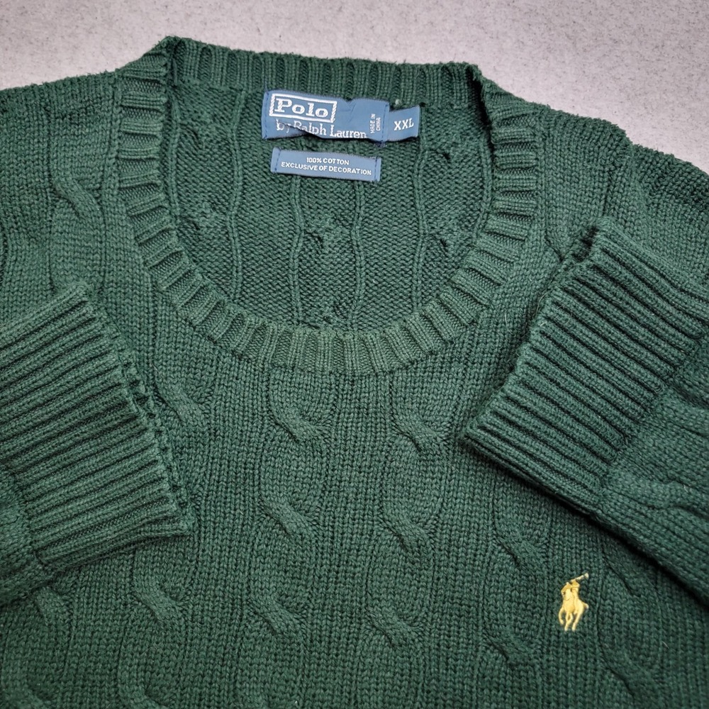 Vintage Polo Ralph Lauren Fisherman Cable Knit Crewneck Sweater Mens XXL Green